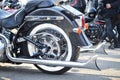 Bikers celebrated the opening of motorcycling season. Stylish motorcycle exhaust pipe