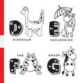 Danish alphabet. Dinosaur, unicorn, frog, wildebeest. Vector letters and characters.