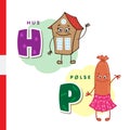 Danish alphabet. Home, Sausage. Vector letters and characters