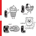 Danish alphabet. Ice cream, hazel grouse, cat, lion. Vector letters and characters