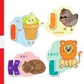 Danish alphabet. Ice cream, hazel grouse, cat, lion. Vector letters and characters.