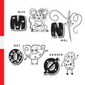 Danish alphabet. Mouse, needle, cheese, beans. Vector letters and characters.
