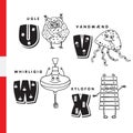 Danish alphabet. Owl, jellyfish, pinwheel, xylophone. Vector letters and characters