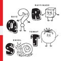 Danish alphabet. Question, sugar, snail, tomato. Vector letters and characters.