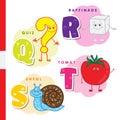 Danish alphabet. Question, sugar, snail, tomato. Vector letters and characters.