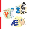 Danish alphabet. Yogurt, zebra, egg. Vector letters and characters