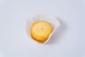 Danish butter cookie in the paper packing. Butter biscuit with sugar on top Royalty Free Stock Photo