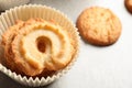 Danish butter cookies on grey table, closeup. Royalty Free Stock Photo