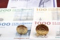 Danish coins on the background of banknotes Royalty Free Stock Photo