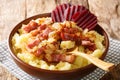 Danish dish Burning Love consists of mashed potatoes topped with an onion and bacon close-up in a plate. Horizontal Royalty Free Stock Photo