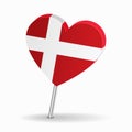 Danish flag heart-shaped map pointer layout. Vector illustration.