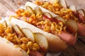 Danish food: hot dogs with crispy onions and pickled cucumbers c