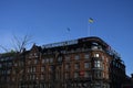 Danish media politken hus satdn with urkain flag ly over office