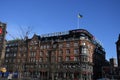 Danish media politken hus satdn with urkain flag ly over office