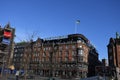 Danish media politken hus satdn with urkain flag ly over office