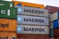 Danish Moller-MÃÂ¦rsk Shipping containers largest shipping and logistics company stacked in port, Logistics and supply chain