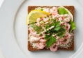 Danish Open-Faced SmÃÂ¸rrebrÃÂ¸d with Shrimp and Fresh Herbs Royalty Free Stock Photo