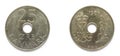 Danish 25 Ore 1986 year copper-nickel coin with hole, orifice, Denmark. Coin shows a monogram of Danish Queen Margrethe II of