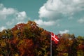 Danish red and white flag is on flag pole at blue sky and orange leaf trees background Royalty Free Stock Photo