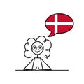 danish speaking cartoon girl with speech bubble in flag of Denmark colors, female character learning danish language