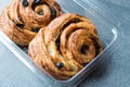 Danish Spiral Cinnamon Raisin Roll / German Pastry Schnecken in Plastic Box / Container.