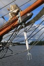 Danish three-masted schooner Loa. Dolphin striker in the form of a trident and other rigging close-up Royalty Free Stock Photo