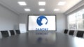 Danone logo on the screen in a meeting room. Editorial 3D animation