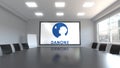 Danone logo on the screen in a meeting room. Editorial 3D rendering