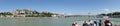 Danube boat trip in Budapeszt, Hungary - wide panorama - castle, chain bridge and front of the sightseeing vassel