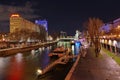 Danube river, at night. Danube Canal and Schwedenplatz - landmark attraction in Vienna, Austria Royalty Free Stock Photo