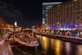 Danube river, at night. Danube Canal. Schwedenplatz - landmark attraction in Vienna, Austria Royalty Free Stock Photo