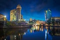 The Danube Canal in Vienna at Night with Urania and Uniqa Tower, Vienna, Austria Royalty Free Stock Photo