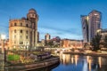 The Danube Canal in Vienna at Night with Urania and Uniqa Tower, Royalty Free Stock Photo