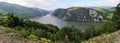 Panoramic view of the Danube canyon between Serbia and Romania - Kazan Gorge - Cazanele Dunarii. Royalty Free Stock Photo