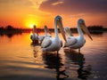 Danube Delta Pelicans at sunset on Lake Fortuna Royalty Free Stock Photo