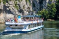 Danube Gorge, Bavaria, Germany, happy people on ship Kelheim - Weltenburg