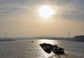 The Danube river with barges to transport Royalty Free Stock Photo