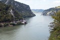 Danube River in Djerdap National Park, Mraconia monastery on Romanian side. Royalty Free Stock Photo