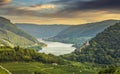 Danube river in hilly Wachau valley landscape near Spitz village. Summer evening with sunset`s sky. Lower Austria Royalty Free Stock Photo