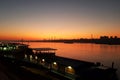 Danube river at sunrise with ships at shore in Giurgiu Royalty Free Stock Photo