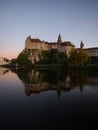 Danube river sunset mirror reflection of medieval fortress castle Schloss Sigmaringen in Baden-Wuerttemberg Germany Royalty Free Stock Photo