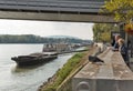 Ship moored under the UFO Bridge in Bratislava, Slovakia.