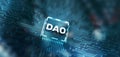 DAO. Decentralized Autonomous Organization. Crowdfunding project against the backdrop of a mining farm