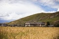 Traditional Tibetan countryside with fields, mountains and blue sky around around Daocheng Royalty Free Stock Photo