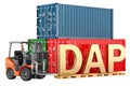 DAP concept. Forklift truck with cargo containers, 3D rendering Royalty Free Stock Photo