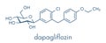 Dapagliflozin diabetes drug molecule. Inhibitor of sodium-glucose transport proteins subtype 2 SGLT2. Skeletal formula.