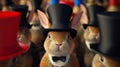 A dapper cartoon scene of a stuffed rabbit impressing the crowd with its impressive top hat collection at the Royalty Free Stock Photo