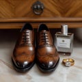 Dapper details grooms brown shoes, belt, perfume, and golden rings