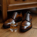 Dapper details grooms brown shoes, belt, perfume, and golden rings