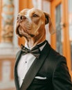 A dapper dog in a stylish tuxedo poses confidently in front of a vibrant orange door Royalty Free Stock Photo